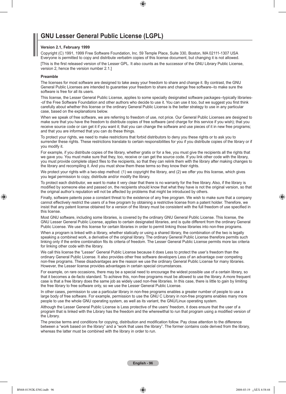 Gnu lesser general public license (lgpl) | Samsung LN46A580P6FXZA User Manual | Page 98 / 196