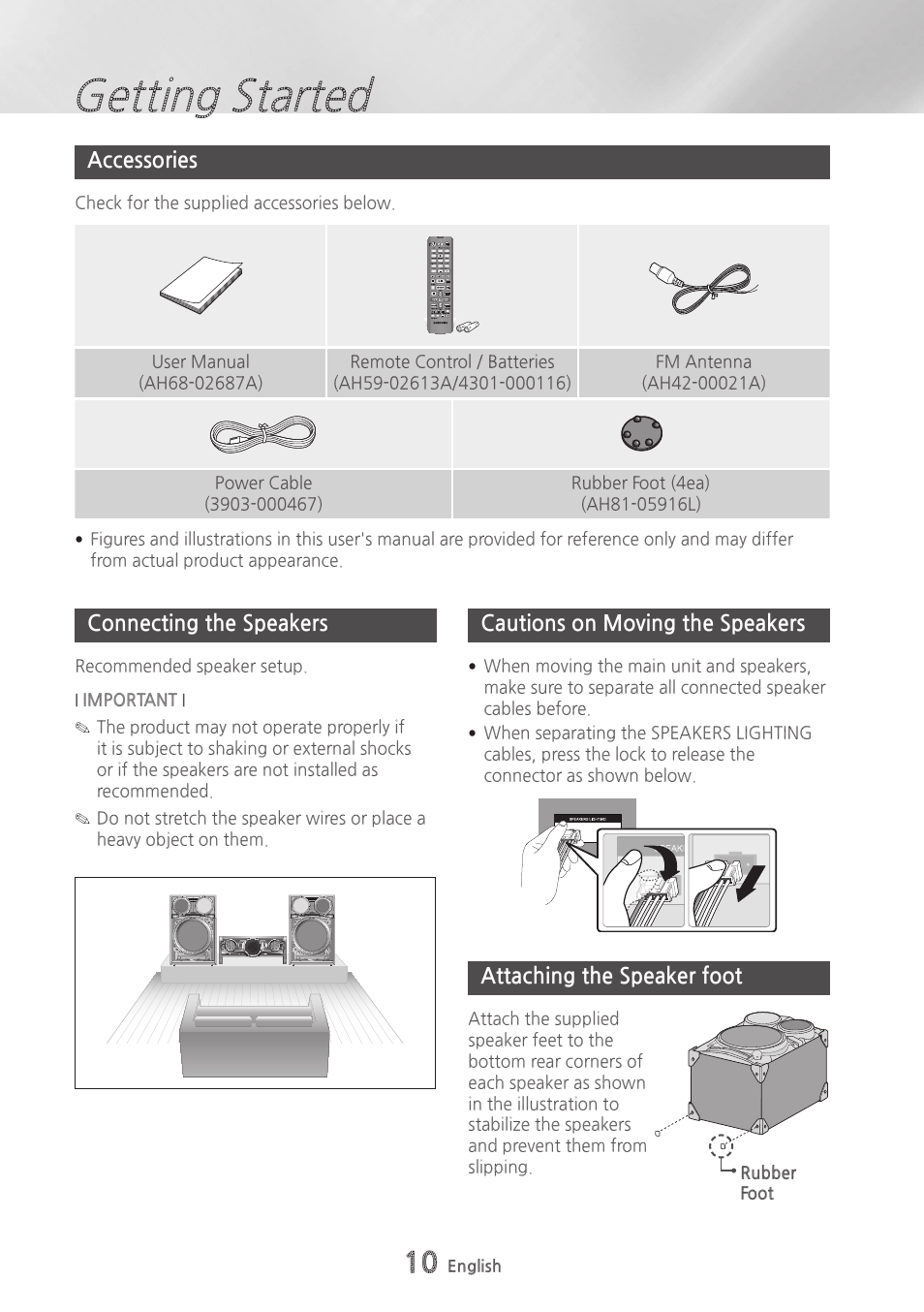 Accessories, Connecting the speakers, Cautions on moving the speakers | Attaching the speaker foot, Getting started | Samsung MX-HS9000-ZA User Manual | Page 10 / 30