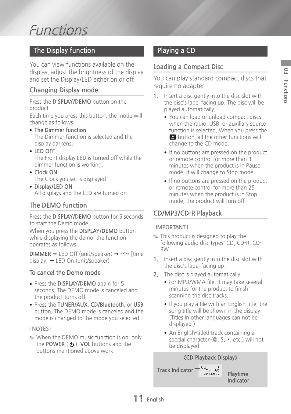 Functions, The display function, Changing display mode | The demo function, Playing a cd, Loading a compact disc, Cd/mp3/cd-r playback, 11 the display function 11, 11 playing a cd 11 | Samsung MX-HS9000-ZA User Manual | Page 11 / 30