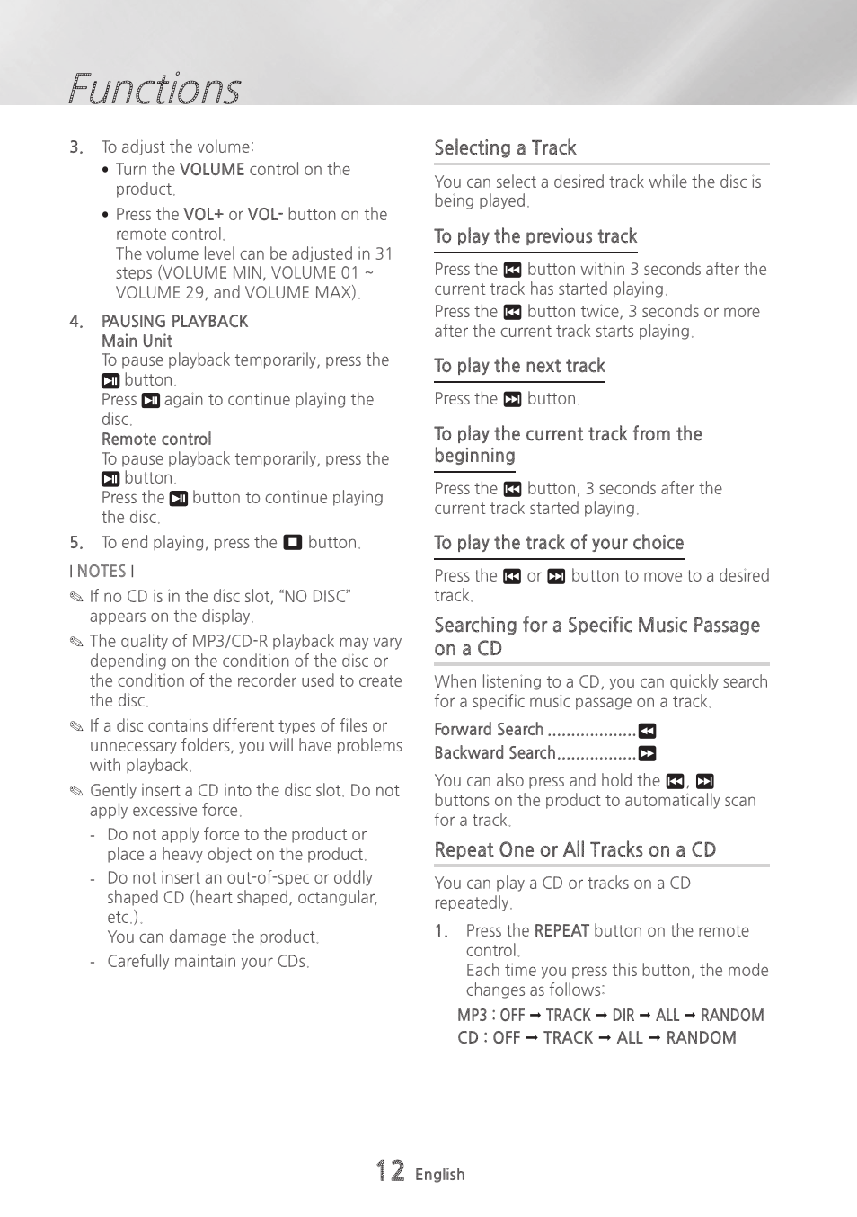 Selecting a track, Searching for a specific music passage on a cd, Repeat one or all tracks on a cd | Searching for a specific music passage, On a cd, Functions | Samsung MX-HS9000-ZA User Manual | Page 12 / 30