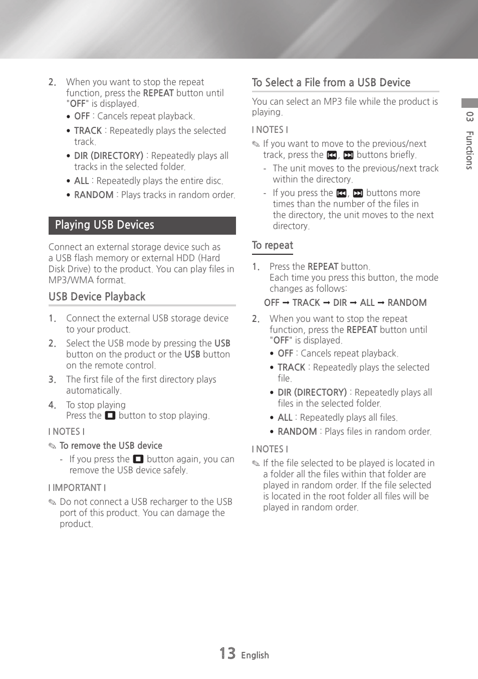 Playing usb devices, Usb device playback, To select a file from a usb device | 13 playing usb devices 13 | Samsung MX-HS9000-ZA User Manual | Page 13 / 30
