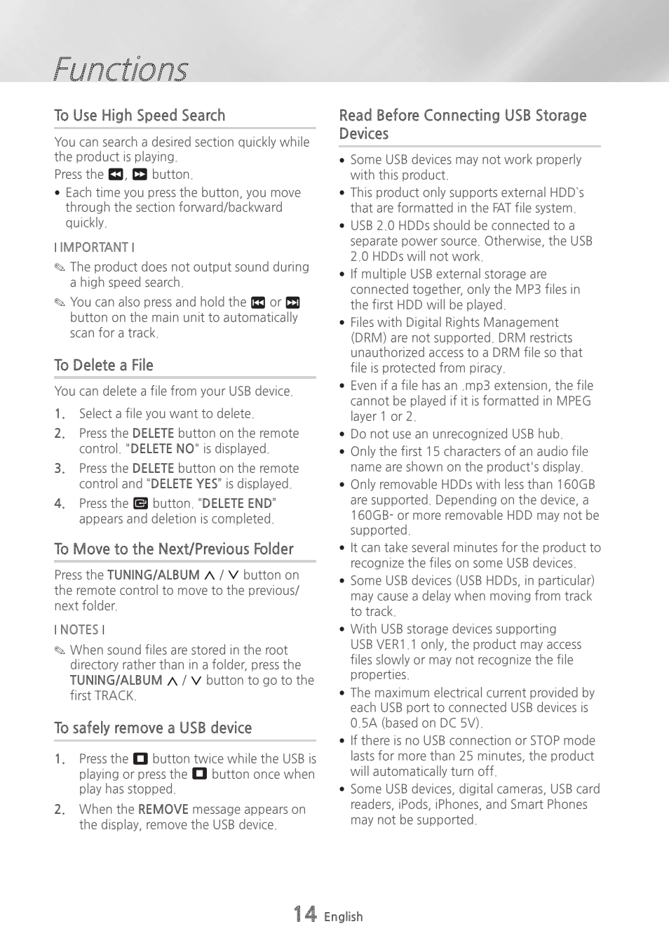 To use high speed search, To delete a file, To move to the next/previous folder | To safely remove a usb device, Read before connecting usb storage devices, Read before connecting usb storage, Devices, Functions | Samsung MX-HS9000-ZA User Manual | Page 14 / 30