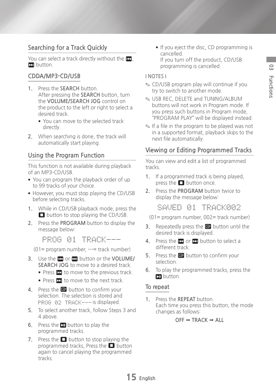 Searching for a track quickly, Using the program function, Viewing or editing programmed tracks | Prog 01 track | Samsung MX-HS9000-ZA User Manual | Page 15 / 30