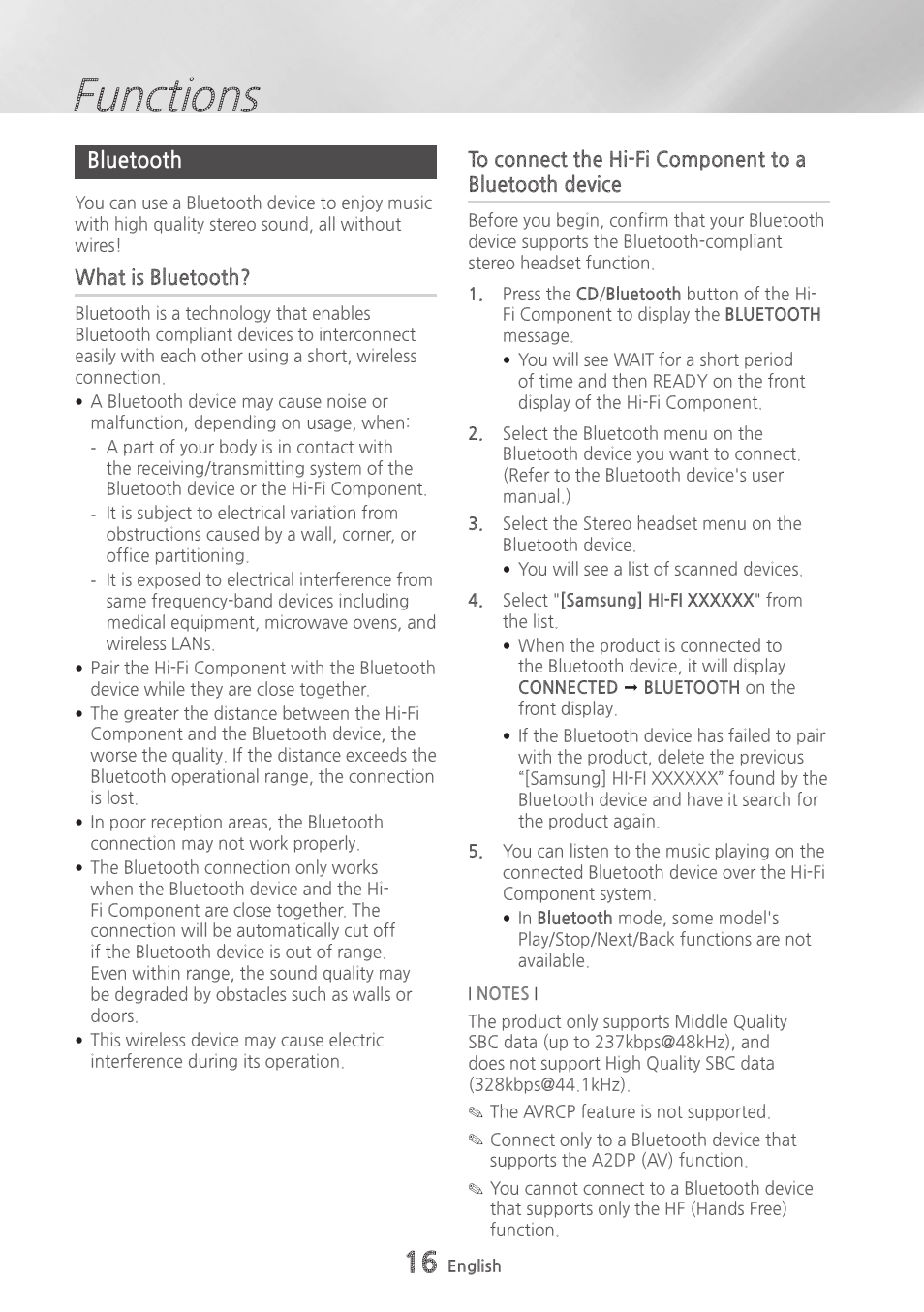 Bluetooth, What is bluetooth, 16 bluetooth 16 | To connect the hi-fi component to a, Bluetooth device, Functions | Samsung MX-HS9000-ZA User Manual | Page 16 / 30