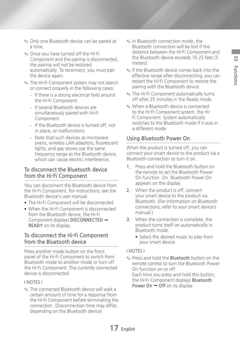 Using bluetooth power on, To disconnect the bluetooth device from, The hi-fi component | To disconnect the hi-fi component, From the bluetooth device | Samsung MX-HS9000-ZA User Manual | Page 17 / 30