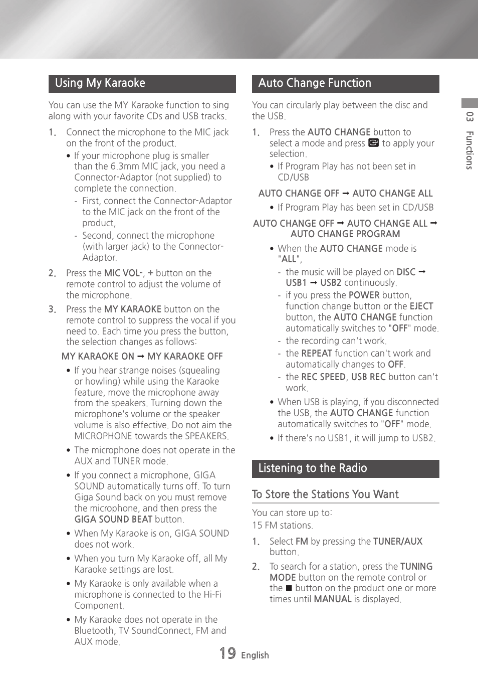 Using my karaoke, Auto change function, Listening to the radio | To store the stations you want | Samsung MX-HS9000-ZA User Manual | Page 19 / 30