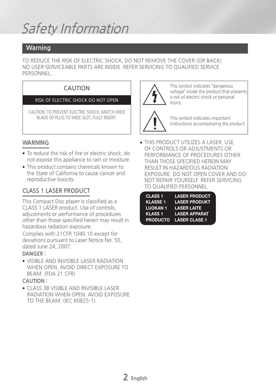 Safety information, Warning | Samsung MX-HS9000-ZA User Manual | Page 2 / 30