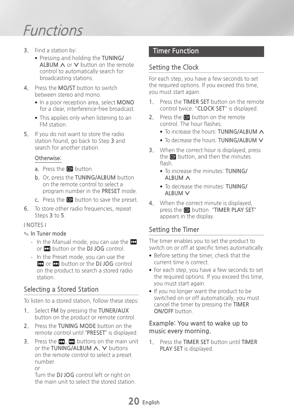 Selecting a stored station, Timer function, Setting the clock | Setting the timer, 20 timer function 20, Functions | Samsung MX-HS9000-ZA User Manual | Page 20 / 30