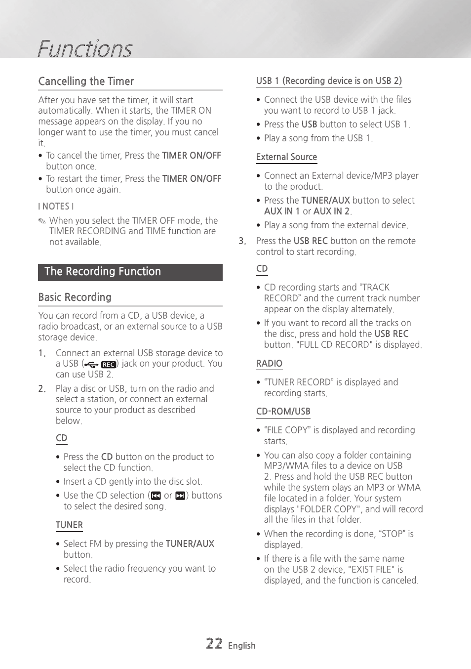 Cancelling the timer, The recording function, Basic recording | 22 the recording function 22, Functions | Samsung MX-HS9000-ZA User Manual | Page 22 / 30