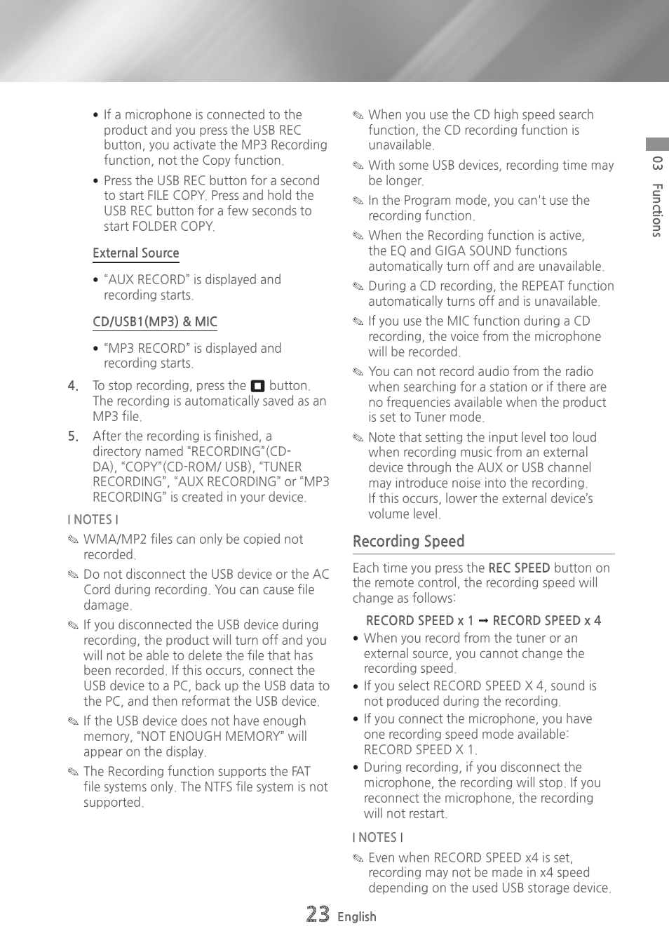 Recording speed | Samsung MX-HS9000-ZA User Manual | Page 23 / 30