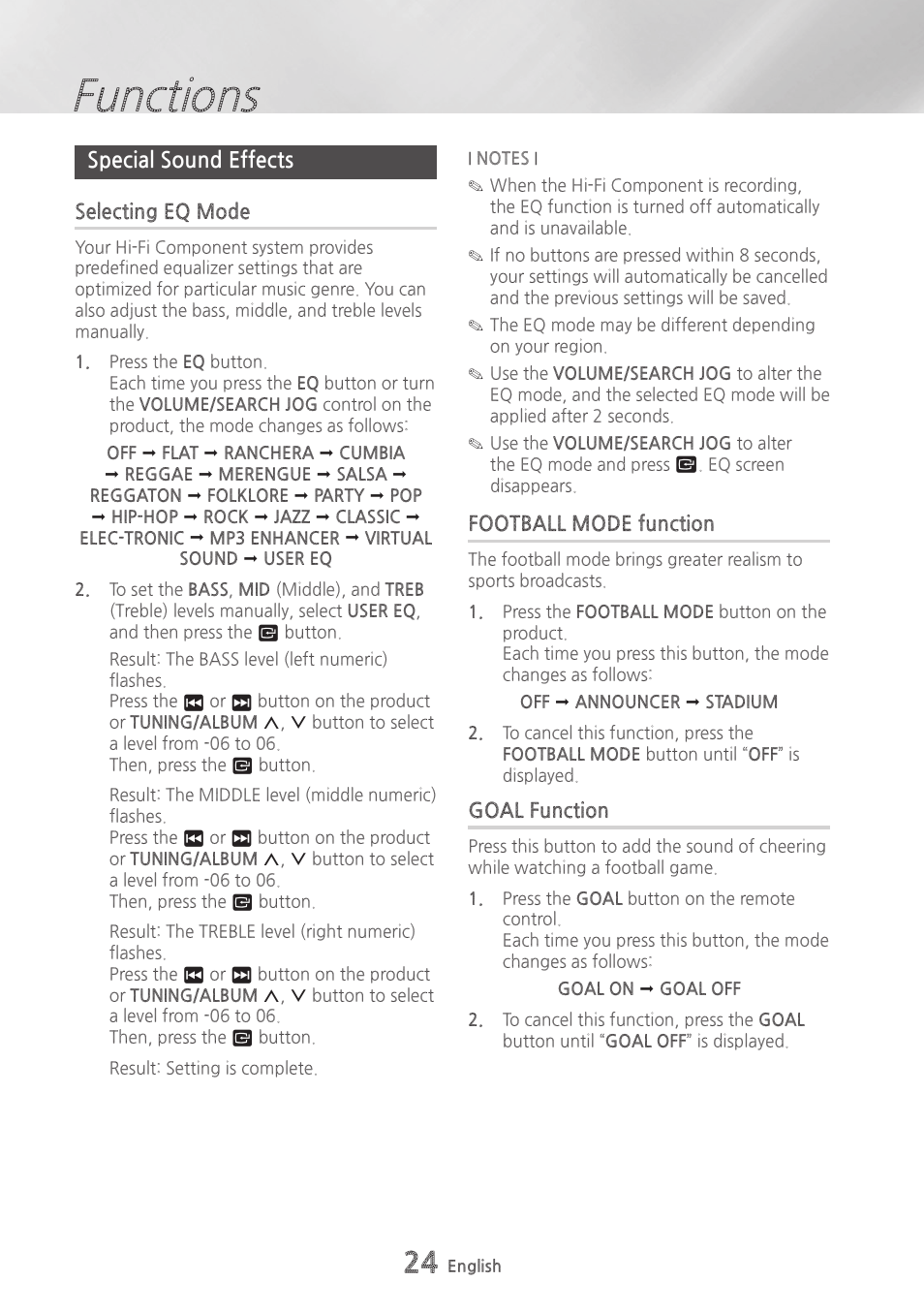 Special sound effects, Selecting eq mode, Football mode function | Goal function, 24 special sound effects 24, Functions | Samsung MX-HS9000-ZA User Manual | Page 24 / 30