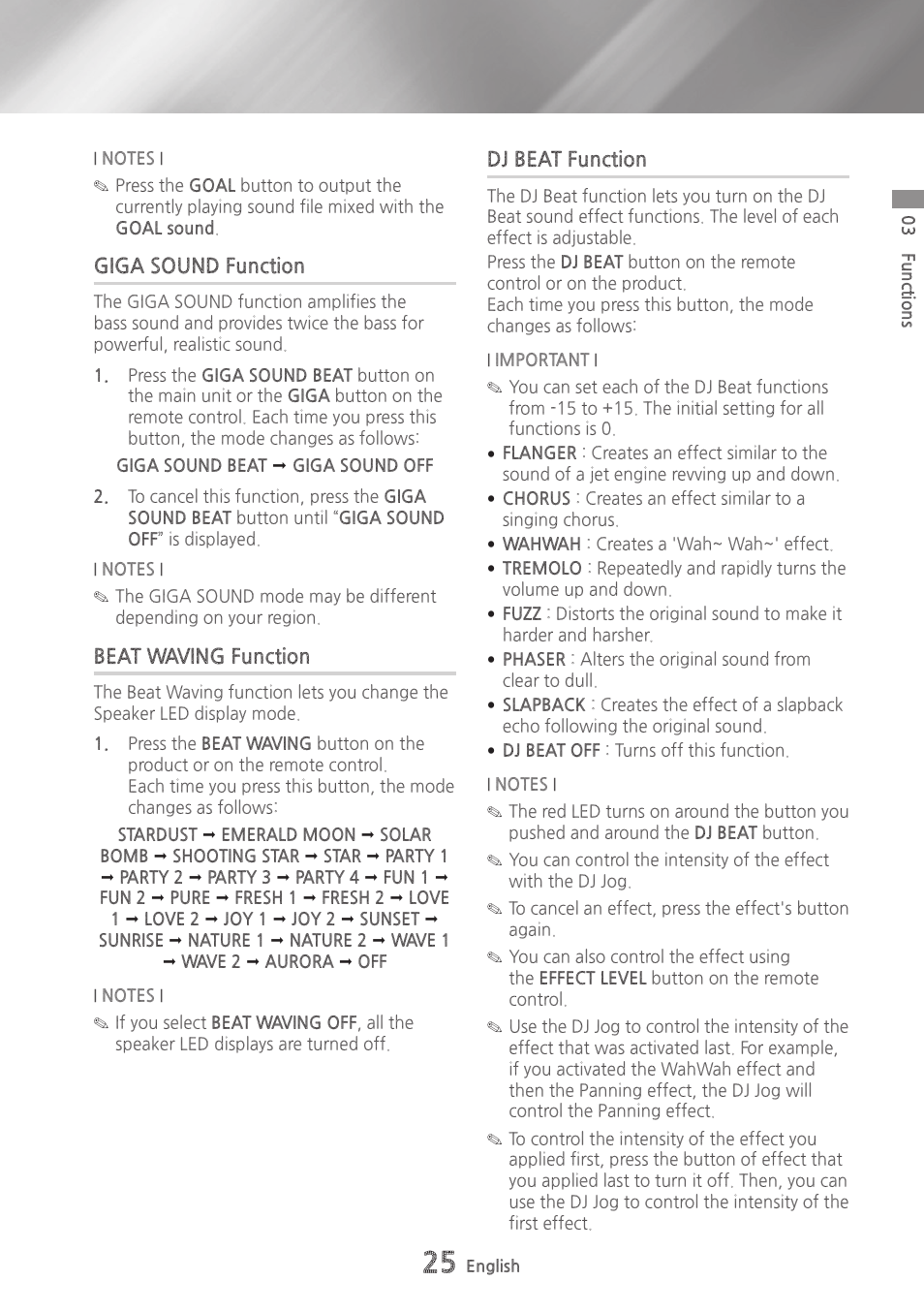 Giga sound function, Beat waving function, Dj beat function | Samsung MX-HS9000-ZA User Manual | Page 25 / 30