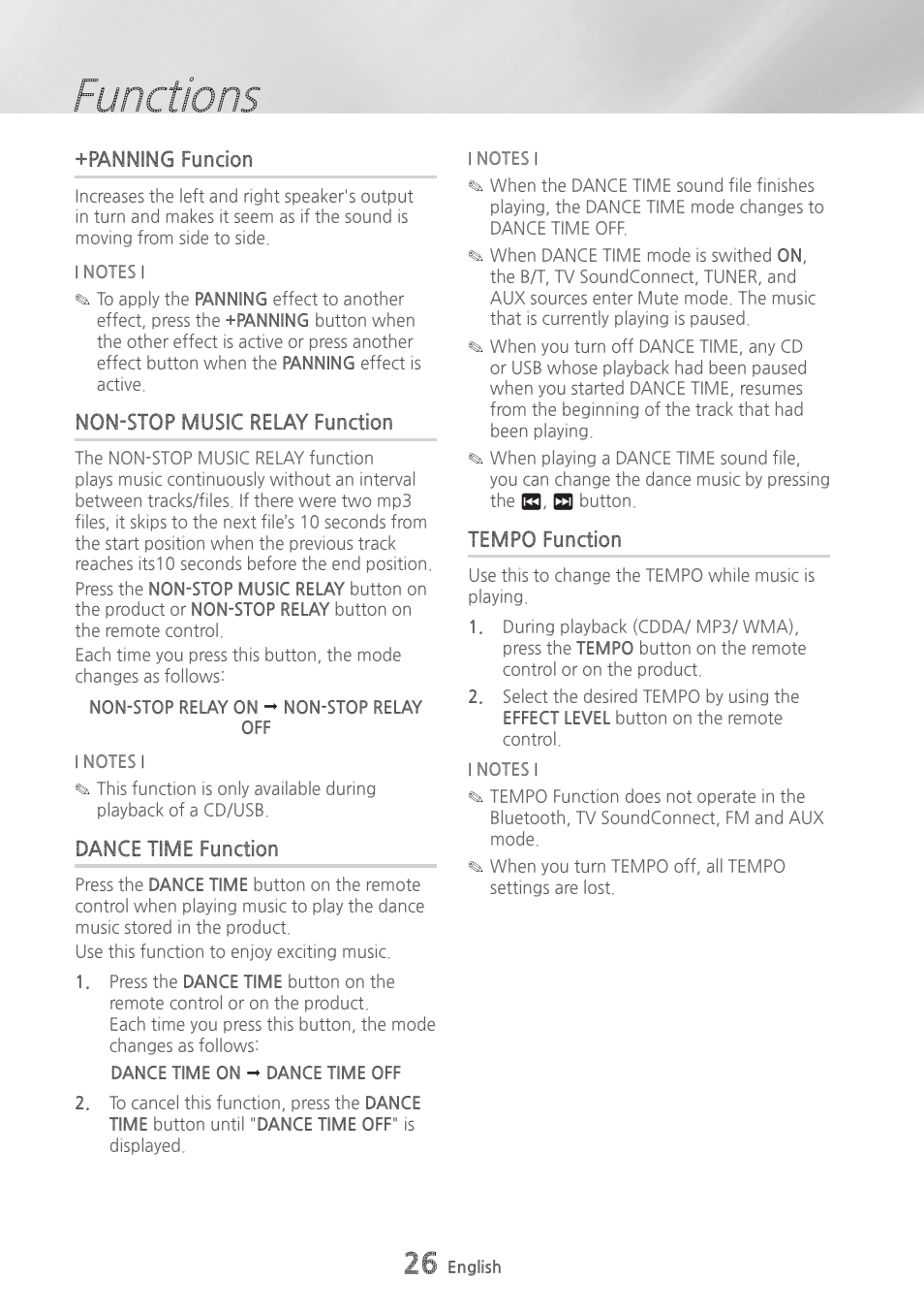 Panning funcion, Non-stop music relay function, Dance time function | Tempo function, Functions | Samsung MX-HS9000-ZA User Manual | Page 26 / 30