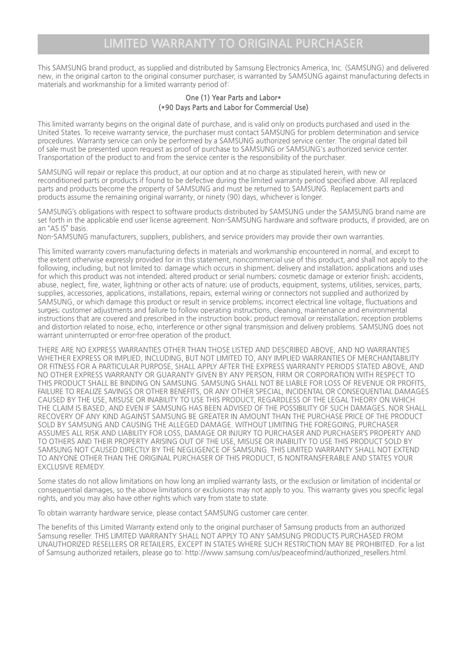 Limited warranty to original purchaser | Samsung MX-HS9000-ZA User Manual | Page 29 / 30