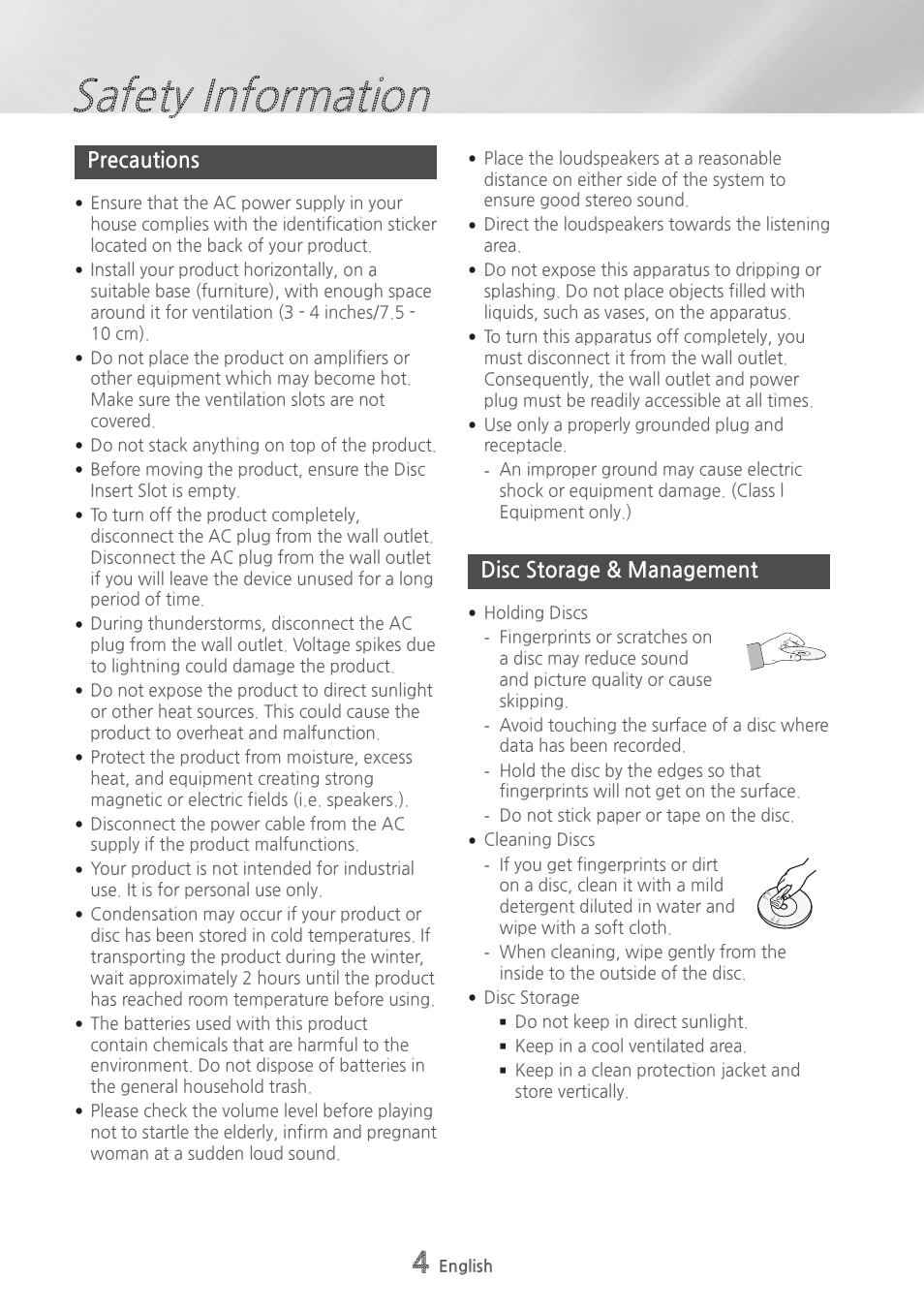 Precautions, Disc storage & management, Safety information | Samsung MX-HS9000-ZA User Manual | Page 4 / 30