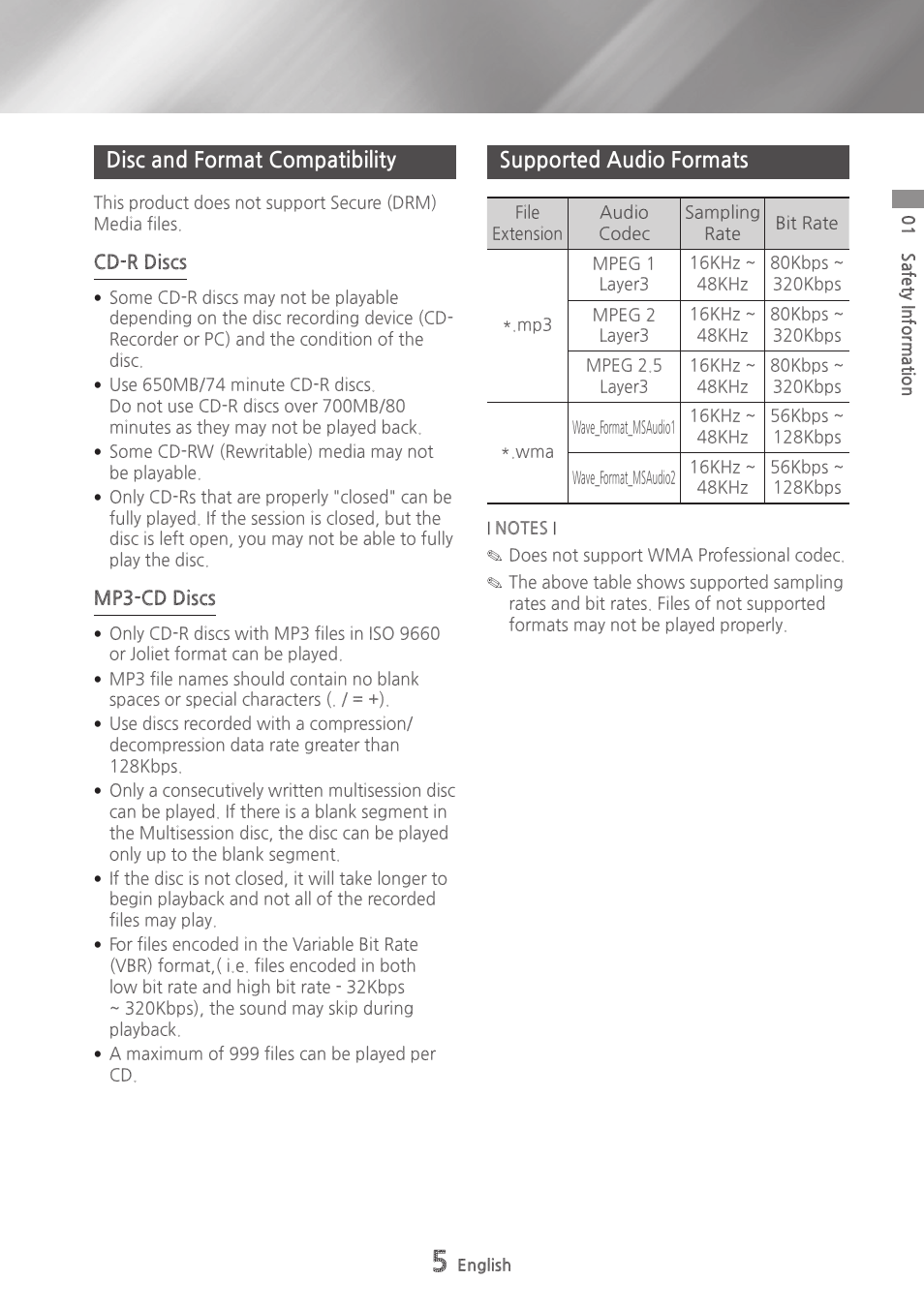 Disc and format compatibility, Supported audio formats | Samsung MX-HS9000-ZA User Manual | Page 5 / 30