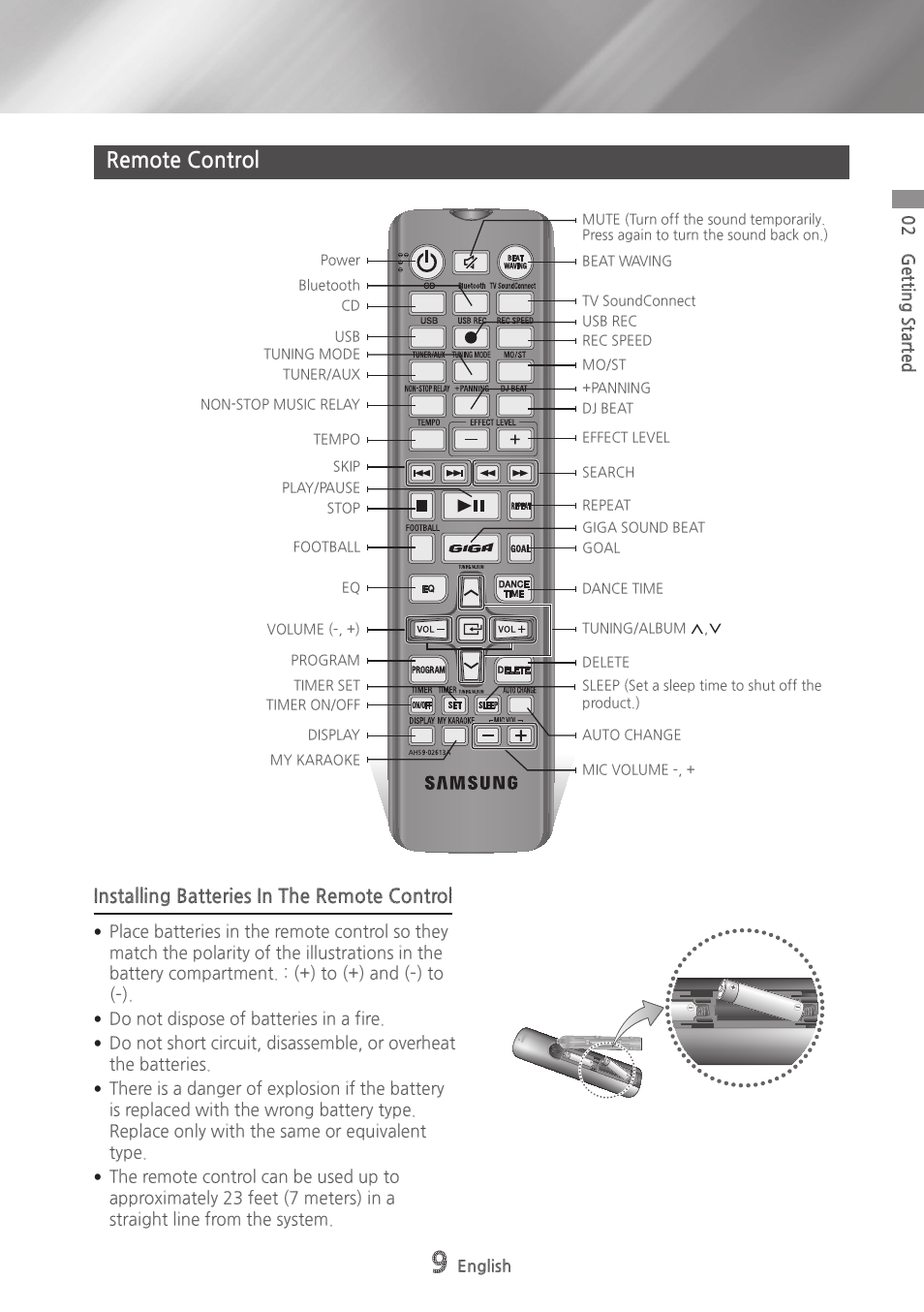 Remote control, Installing batteries in the remote control | Samsung MX-HS9000-ZA User Manual | Page 9 / 30