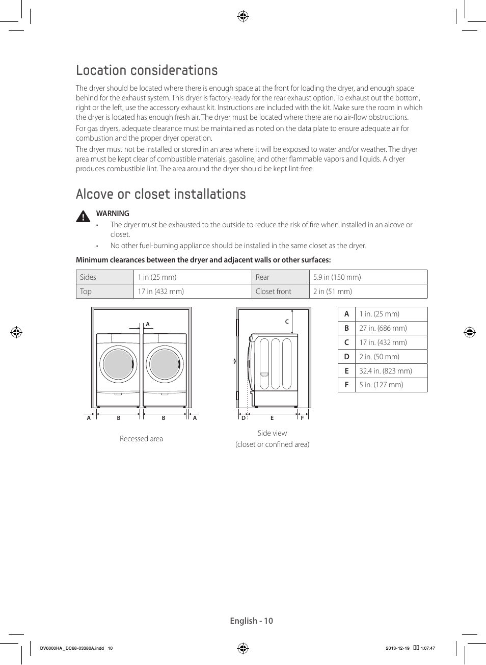 Location considerations, Alcove or closet installations | Samsung DV42H5600EG-AC User Manual | Page 10 / 132