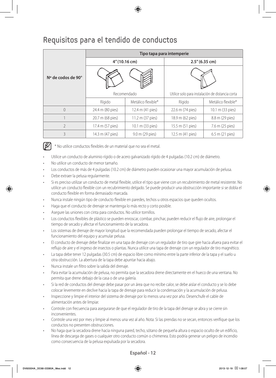Requisitos para el tendido de conductos | Samsung DV42H5600EG-AC User Manual | Page 100 / 132