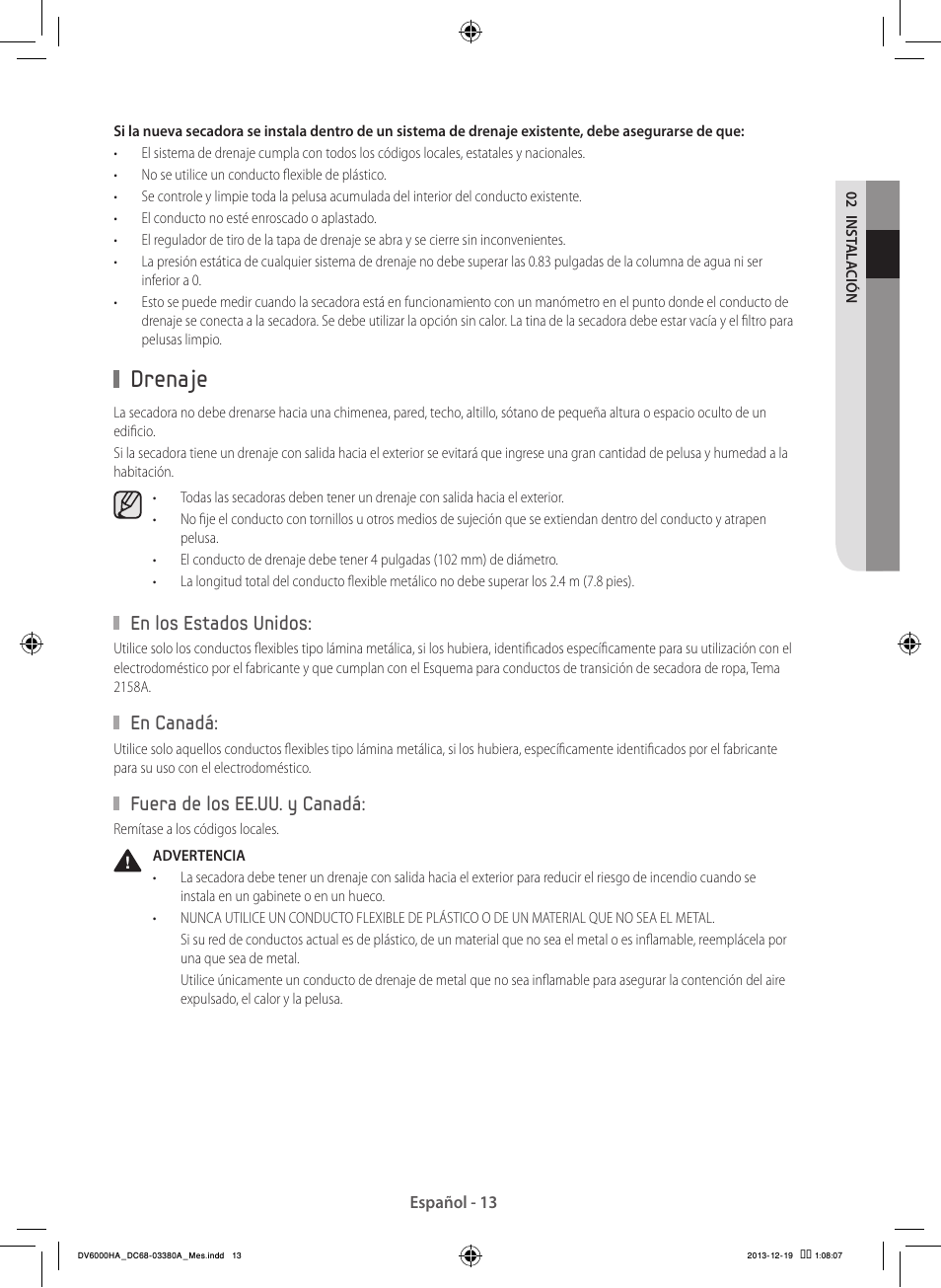 Drenaje, En los estados unidos, En canadá | Fuera de los ee.uu. y canadá | Samsung DV42H5600EG-AC User Manual | Page 101 / 132