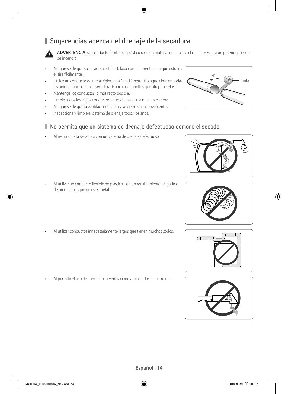Sugerencias acerca del drenaje de la secadora | Samsung DV42H5600EG-AC User Manual | Page 102 / 132