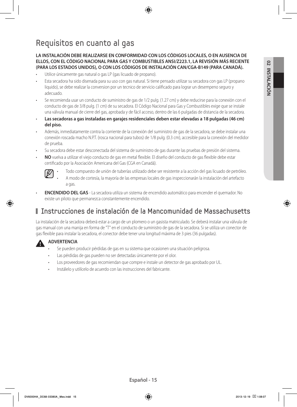 Requisitos en cuanto al gas | Samsung DV42H5600EG-AC User Manual | Page 103 / 132