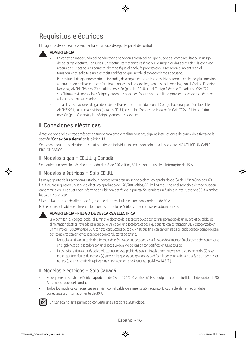 Requisitos eléctricos, Conexiones eléctricas | Samsung DV42H5600EG-AC User Manual | Page 104 / 132
