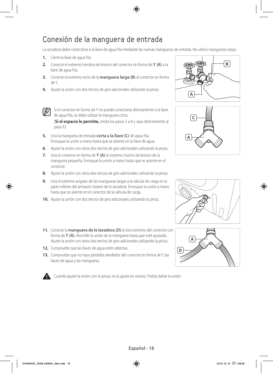 Conexión de la manguera de entrada | Samsung DV42H5600EG-AC User Manual | Page 106 / 132
