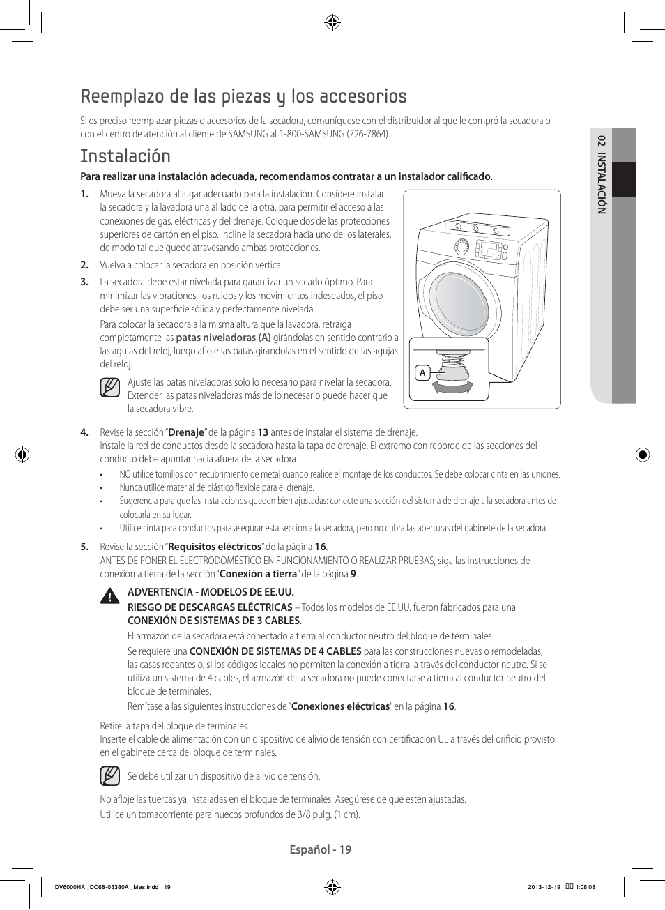 Reemplazo de las piezas y los accesorios, Instalación | Samsung DV42H5600EG-AC User Manual | Page 107 / 132