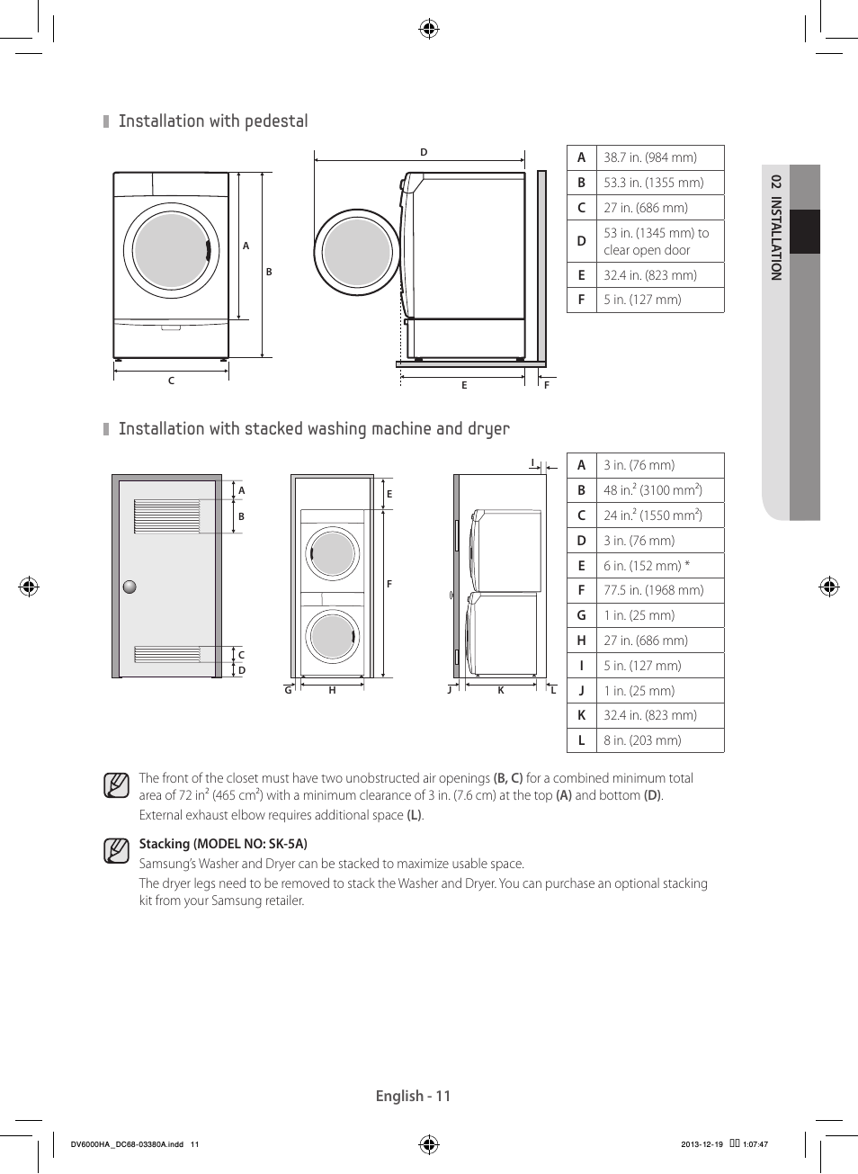 Installation with pedestal | Samsung DV42H5600EG-AC User Manual | Page 11 / 132