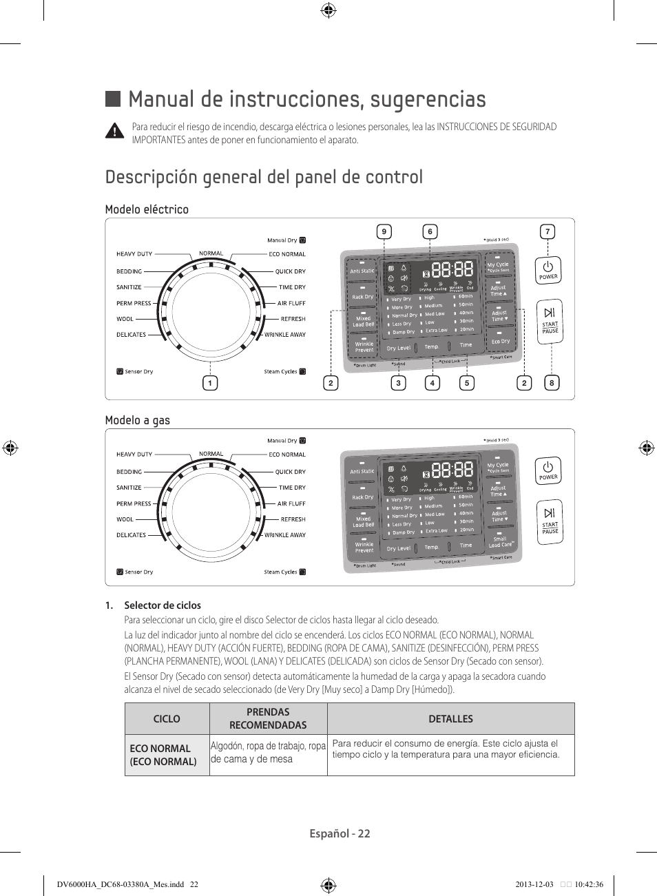 Manual de instrucciones, sugerencias, Descripción general del panel de control | Samsung DV42H5600EG-AC User Manual | Page 110 / 132