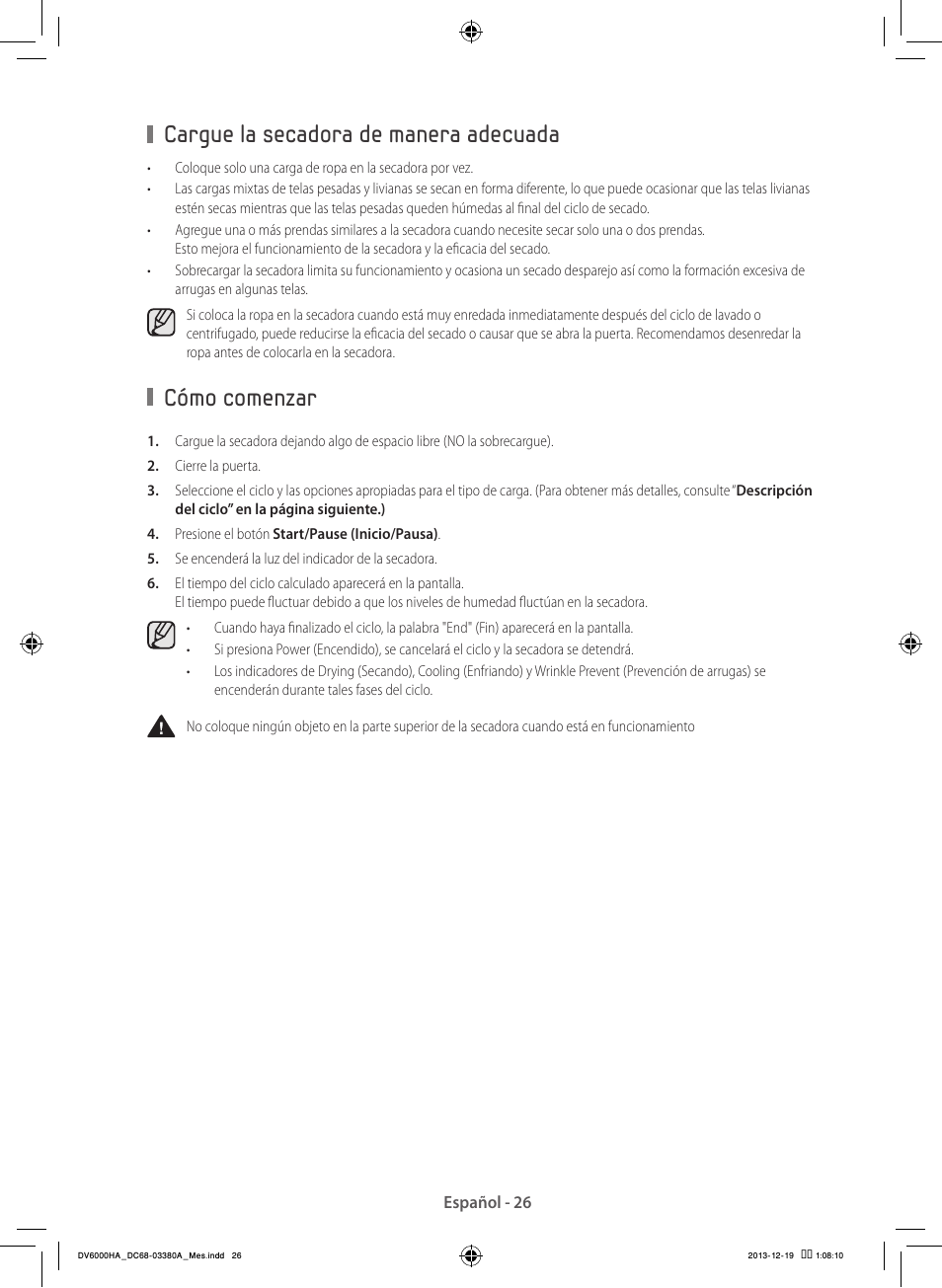 Cargue la secadora de manera adecuada, Cómo comenzar | Samsung DV42H5600EG-AC User Manual | Page 114 / 132