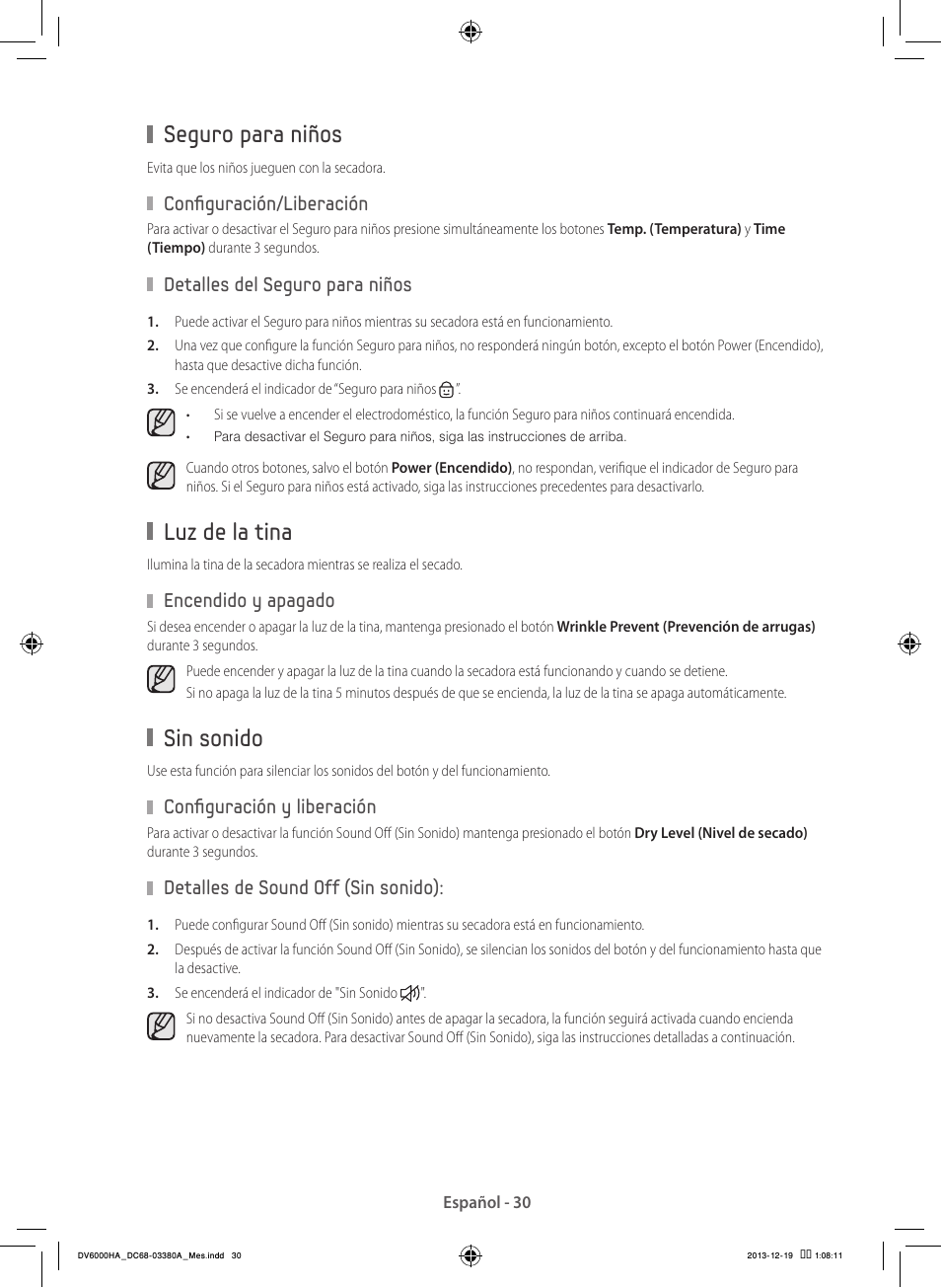 Seguro para niños, Luz de la tina, Sin sonido | Samsung DV42H5600EG-AC User Manual | Page 118 / 132
