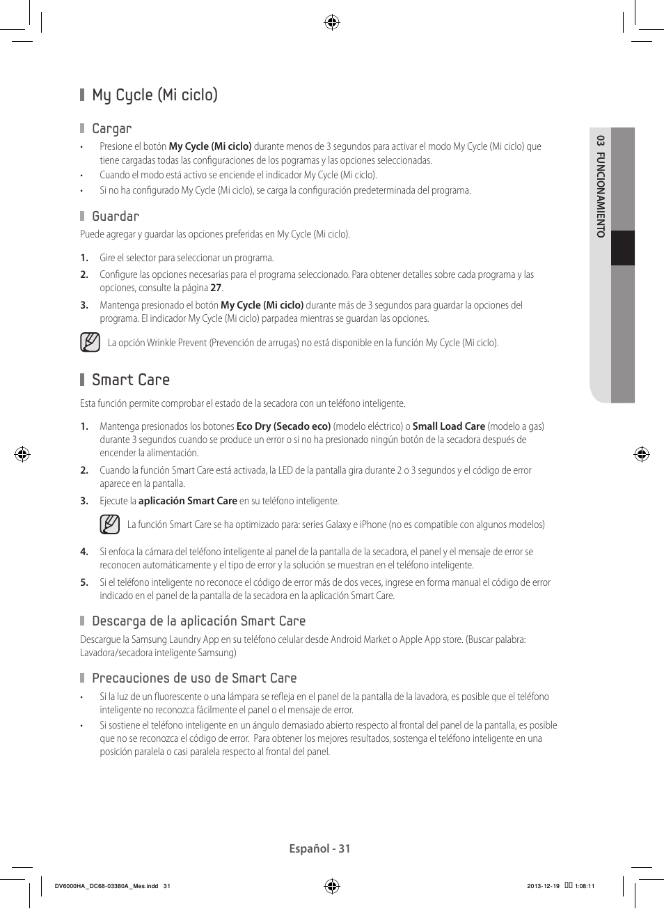 My cycle (mi ciclo), Smart care | Samsung DV42H5600EG-AC User Manual | Page 119 / 132