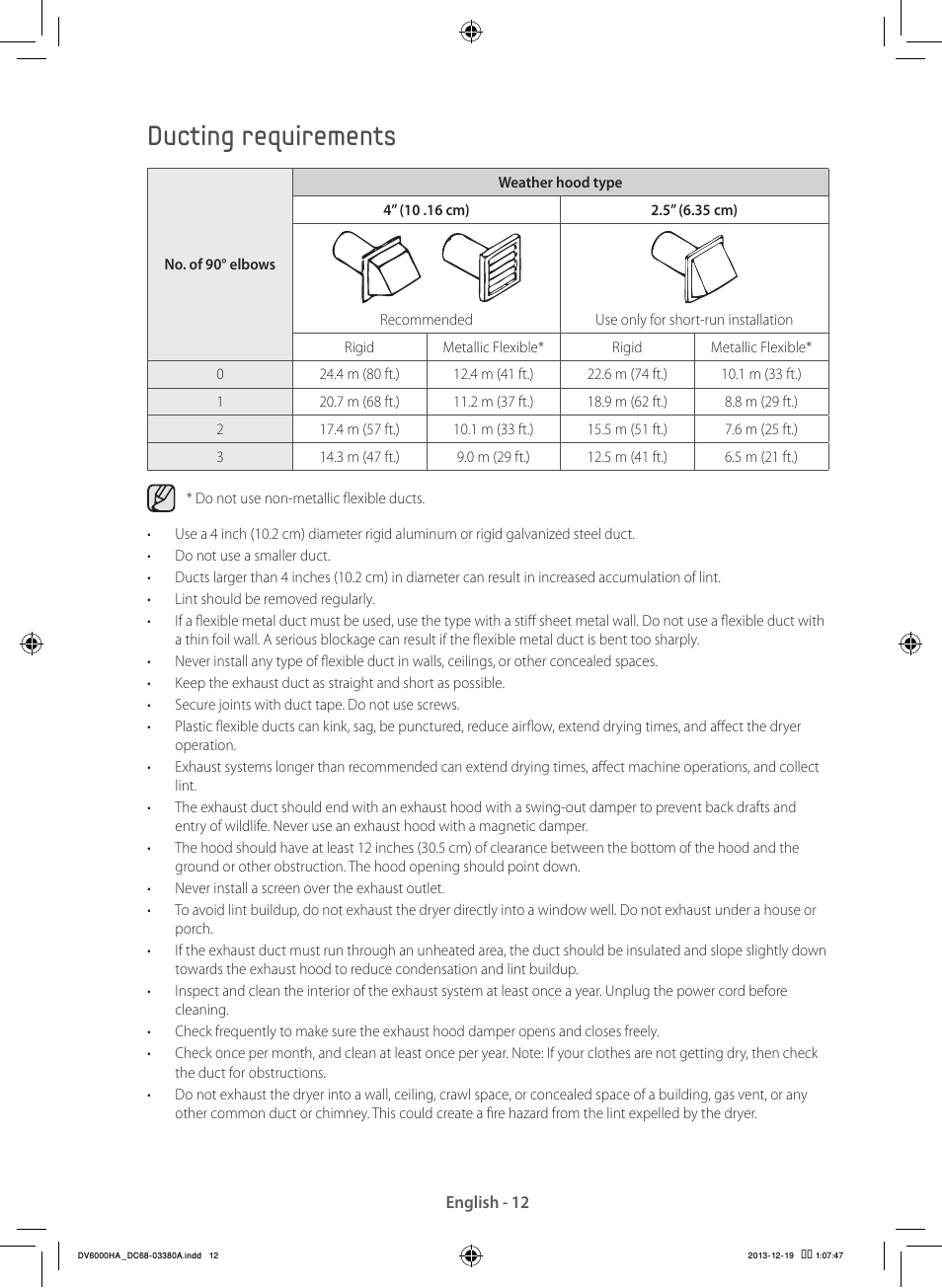 Ducting requirements | Samsung DV42H5600EG-AC User Manual | Page 12 / 132