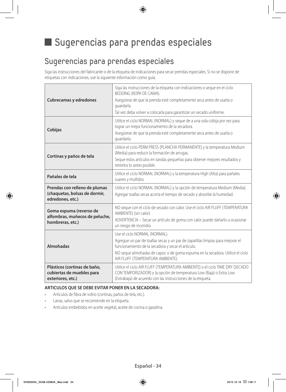 Sugerencias para prendas especiales | Samsung DV42H5600EG-AC User Manual | Page 122 / 132