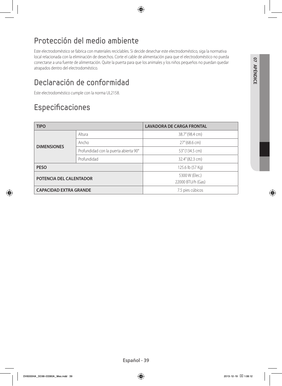 Protección del medio ambiente, Declaración de conformidad, Especificaciones | Samsung DV42H5600EG-AC User Manual | Page 127 / 132