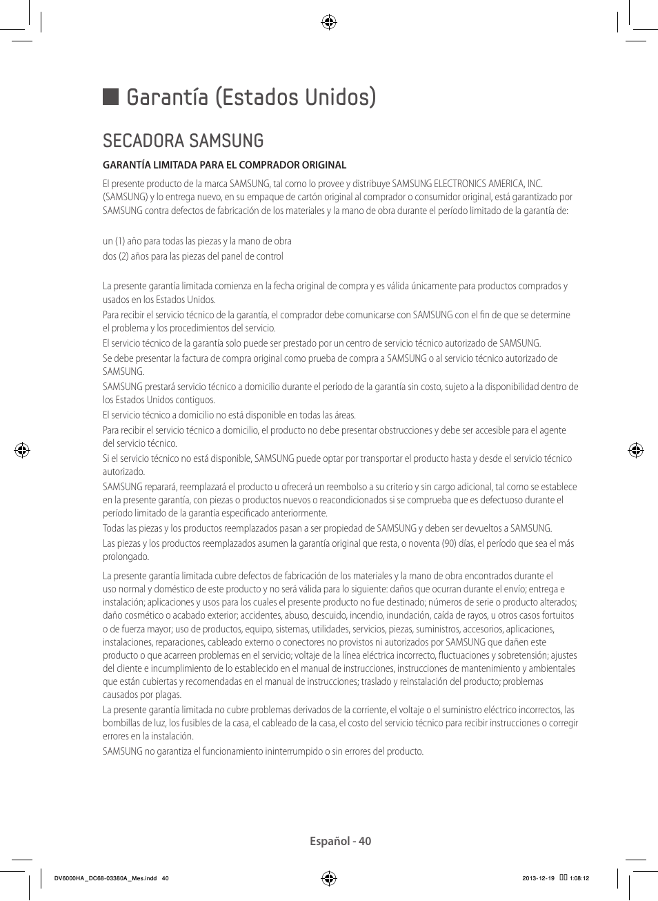 Garantía (estados unidos), Secadora samsung | Samsung DV42H5600EG-AC User Manual | Page 128 / 132