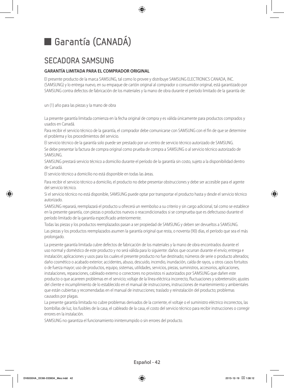 Garantía (canadá), Secadora samsung | Samsung DV42H5600EG-AC User Manual | Page 130 / 132