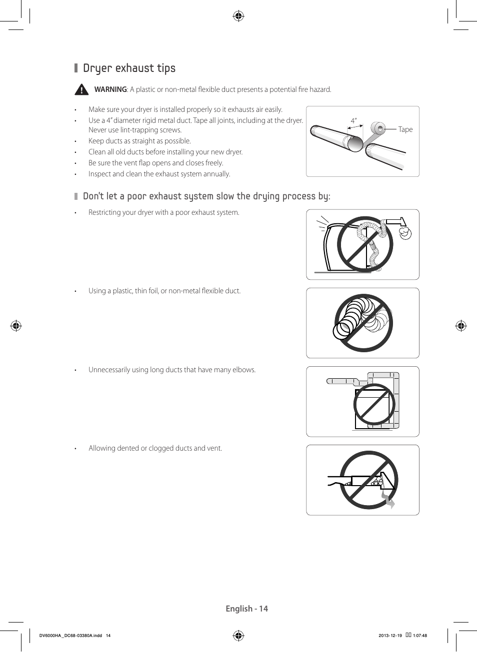 Dryer exhaust tips | Samsung DV42H5600EG-AC User Manual | Page 14 / 132