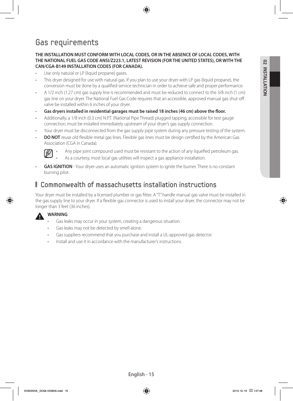 Gas requirements | Samsung DV42H5600EG-AC User Manual | Page 15 / 132