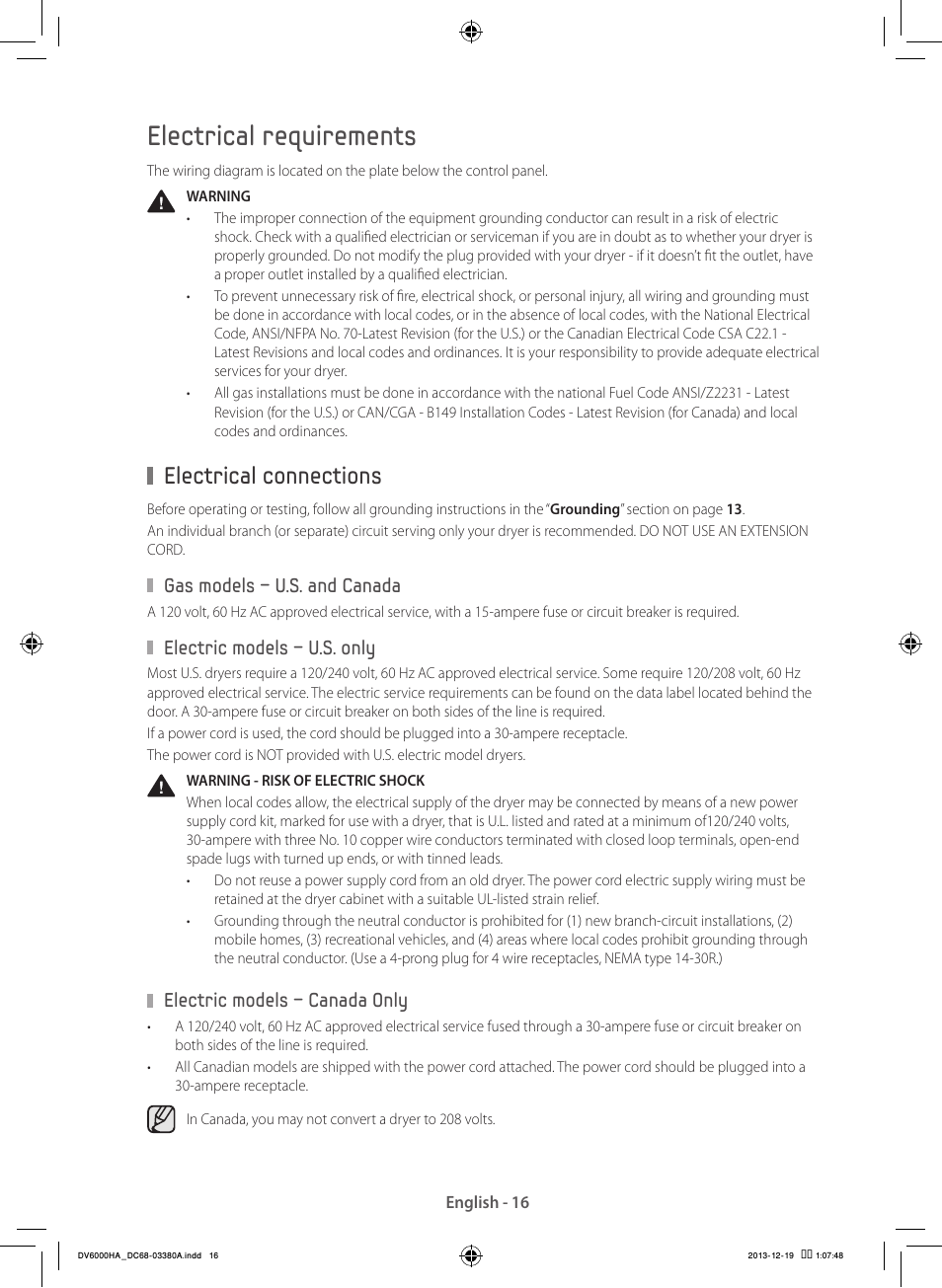 Electrical requirements, Electrical connections | Samsung DV42H5600EG-AC User Manual | Page 16 / 132