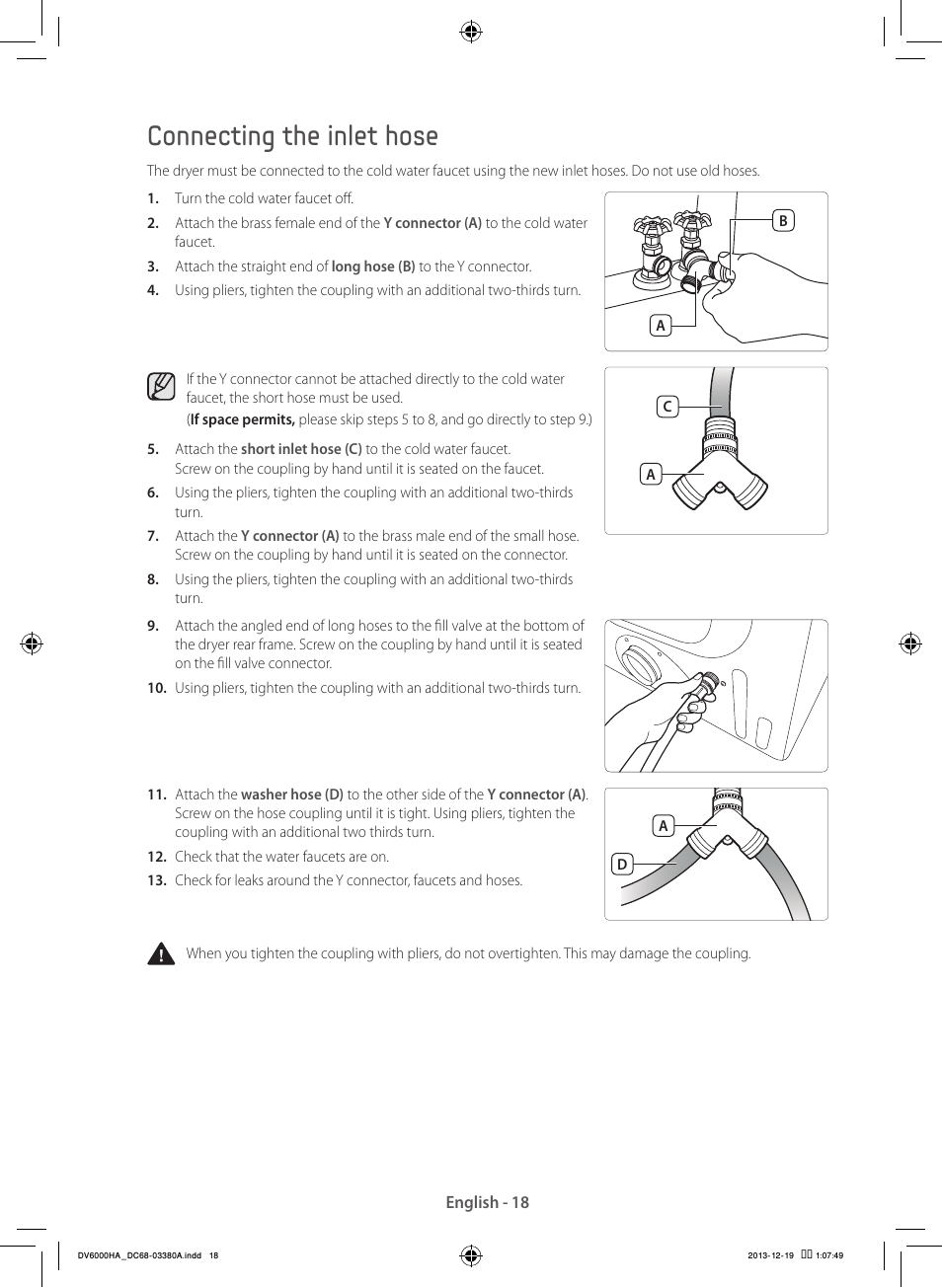 Connecting the inlet hose | Samsung DV42H5600EG-AC User Manual | Page 18 / 132