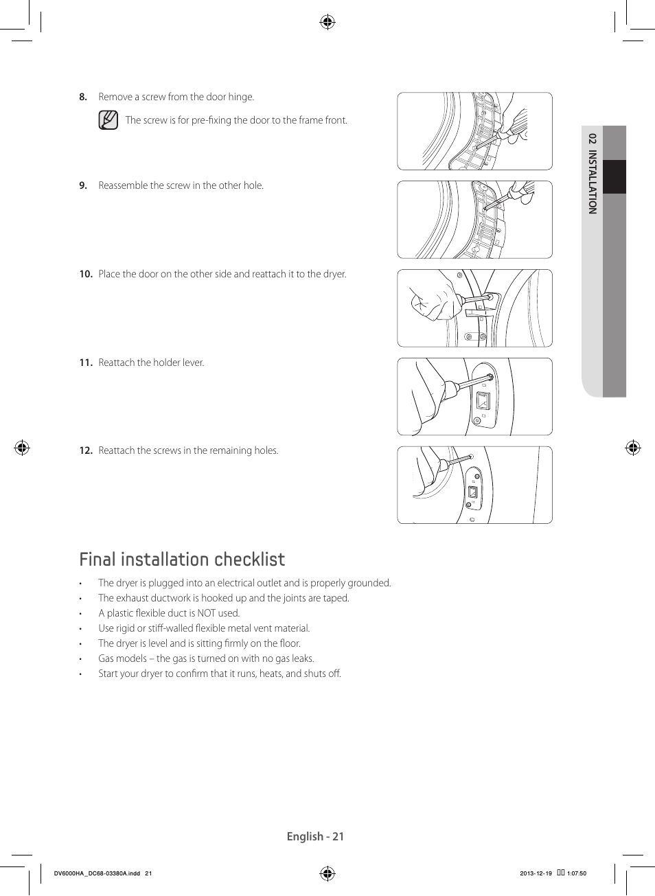 Final installation checklist | Samsung DV42H5600EG-AC User Manual | Page 21 / 132