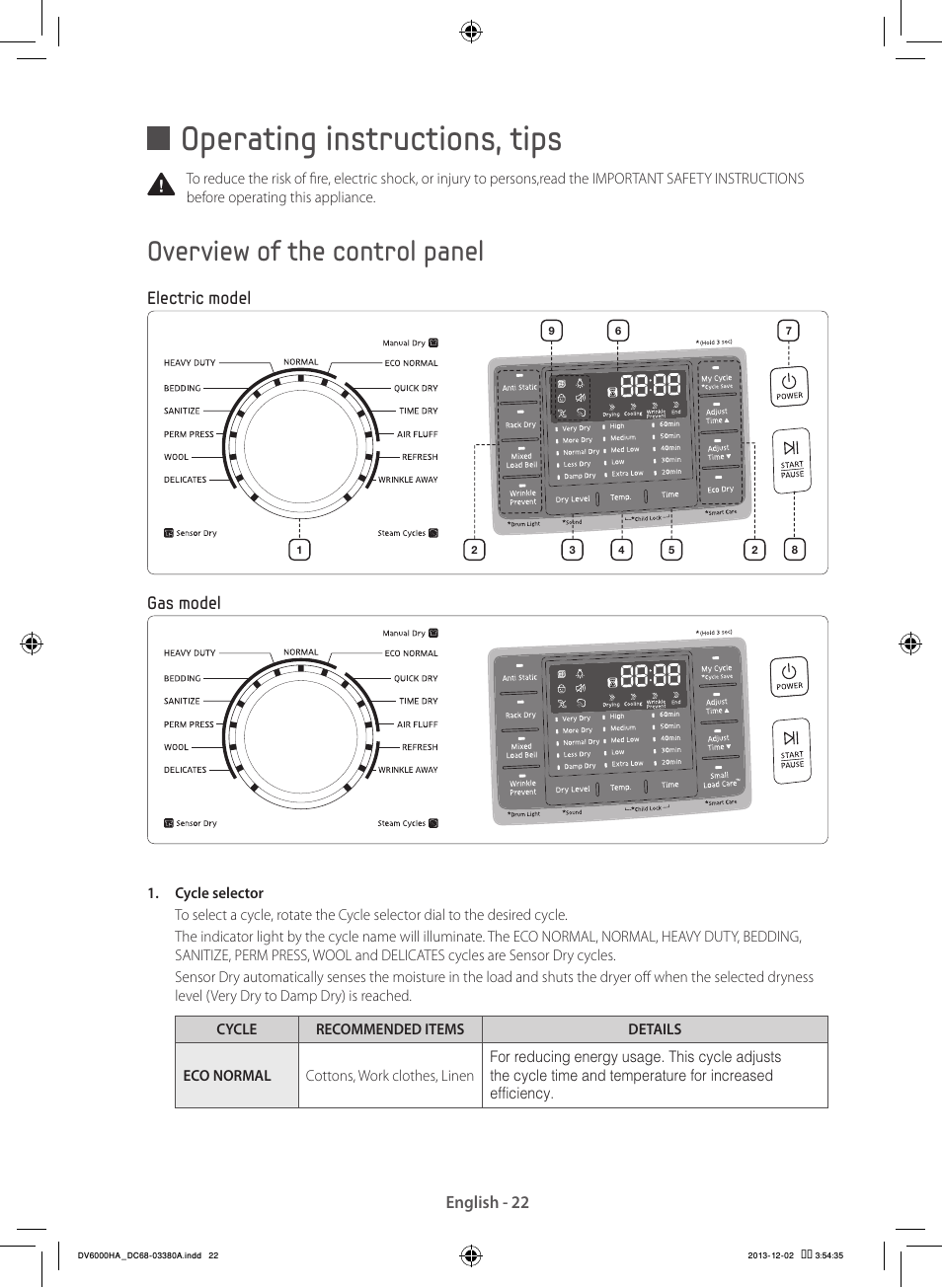Operating instructions, tips, Overview of the control panel | Samsung DV42H5600EG-AC User Manual | Page 22 / 132