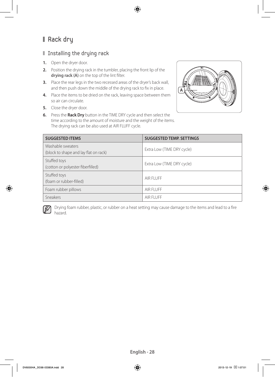 Rack dry, Installing the drying rack | Samsung DV42H5600EG-AC User Manual | Page 28 / 132