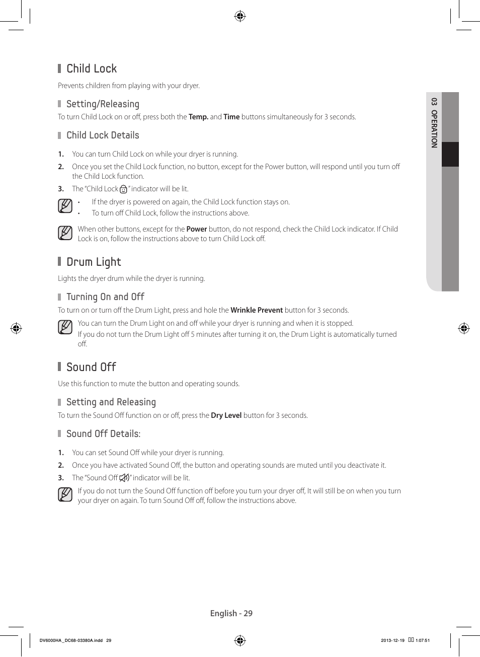 Child lock, Drum light, Sound off | Samsung DV42H5600EG-AC User Manual | Page 29 / 132