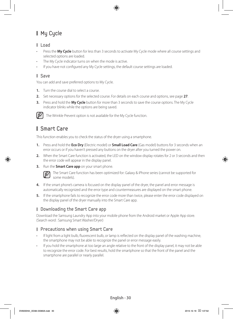My cycle, Smart care | Samsung DV42H5600EG-AC User Manual | Page 30 / 132