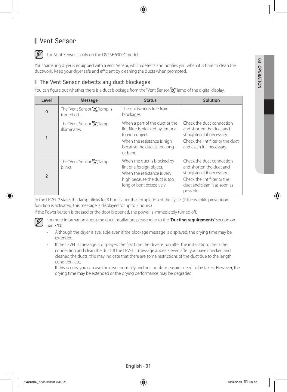 Vent sensor, The vent sensor detects any duct blockages | Samsung DV42H5600EG-AC User Manual | Page 31 / 132