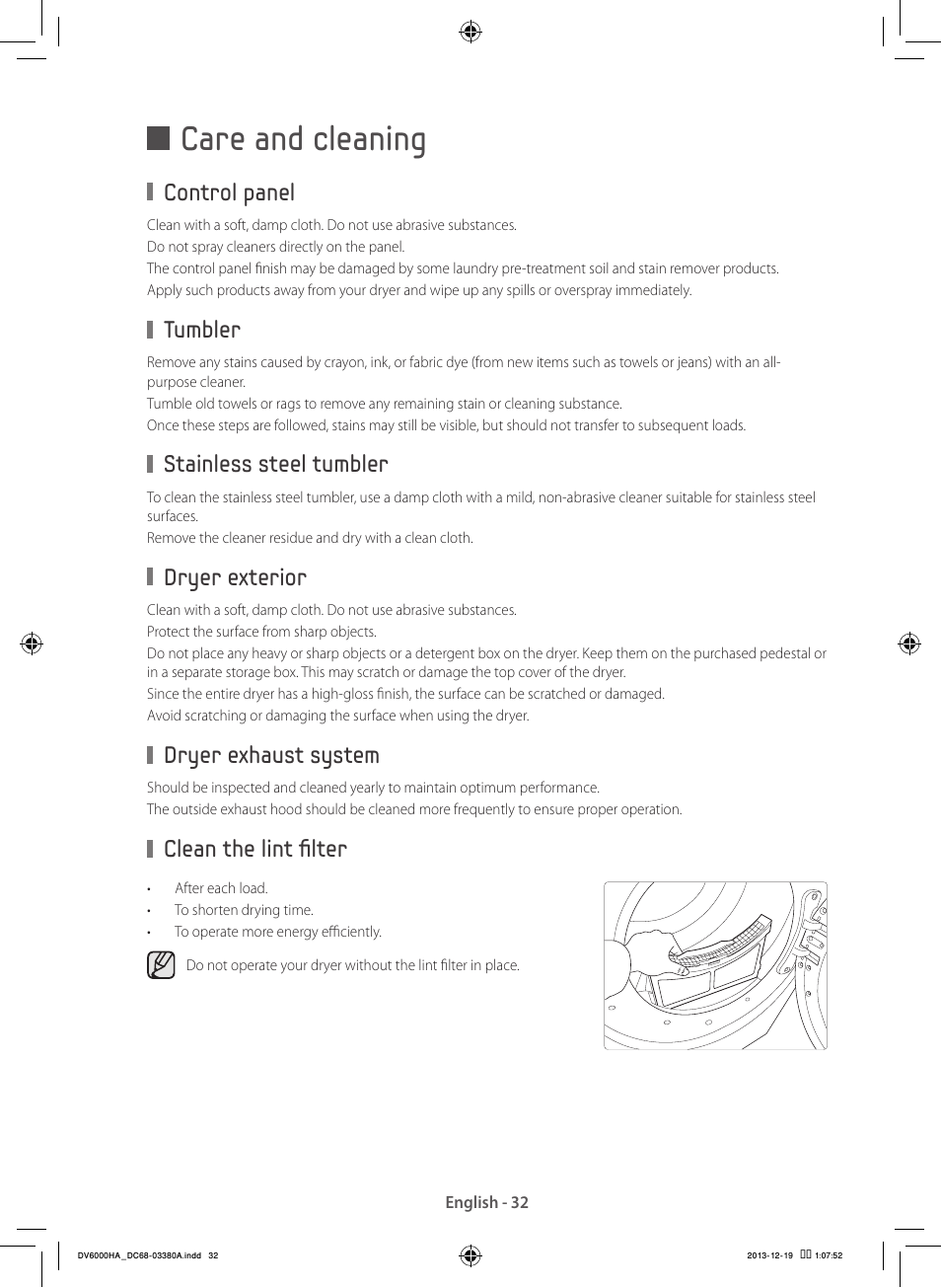Care and cleaning, Control panel, Tumbler | Stainless steel tumbler, Dryer exterior, Dryer exhaust system, Clean the lint filter | Samsung DV42H5600EG-AC User Manual | Page 32 / 132